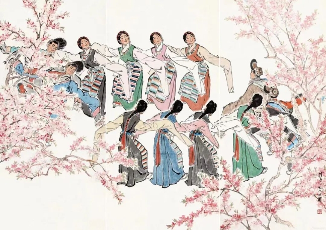 葉淺予高原之春紙本設(shè)色211cm×98cm、211cm×105cm、211cm×98cm1964年